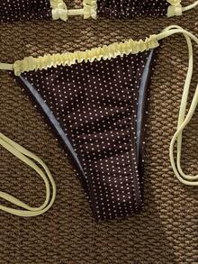 ROMWE Avant Women's Retro Polka Dot & Plaid Bikini Set, Suitable For Outings, Vacations, Music Festivals, Pool Parties, Carnivals And Other Summer Occasions Beach - Brownish-yellow - View 9