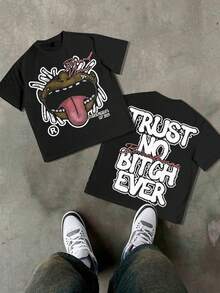 EMCGICC Y2k, TRUST NO BITGH EVER, Fun Patterns, Men's Summer Short Sleeved Pure Cotton Comfortable And Breathable Outdoor Street Round Neck T-Shirt, High-Quality Fashion Brand, A Surprise Gift For Family And Friends. - 黑色 - 查看 1