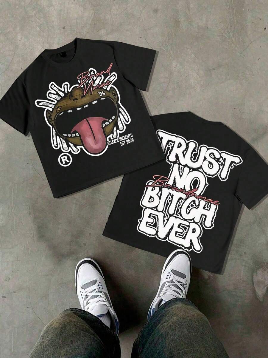 EMCGICC Y2k, TRUST NO BITGH EVER, Fun Patterns, Men's Summer Short Sleeved Pure Cotton Comfortable And Breathable Outdoor Street Round Neck T-Shirt, High-Quality Fashion Brand, A Surprise Gift For Family And Friends. - 黑色 - 查看 1