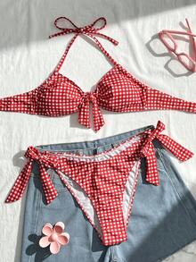 2pcs Swimsuit Set, Red Houndstooth Cute Bow Bikini, Beach Holiday Swimwear For Women - Multicolor - View 2