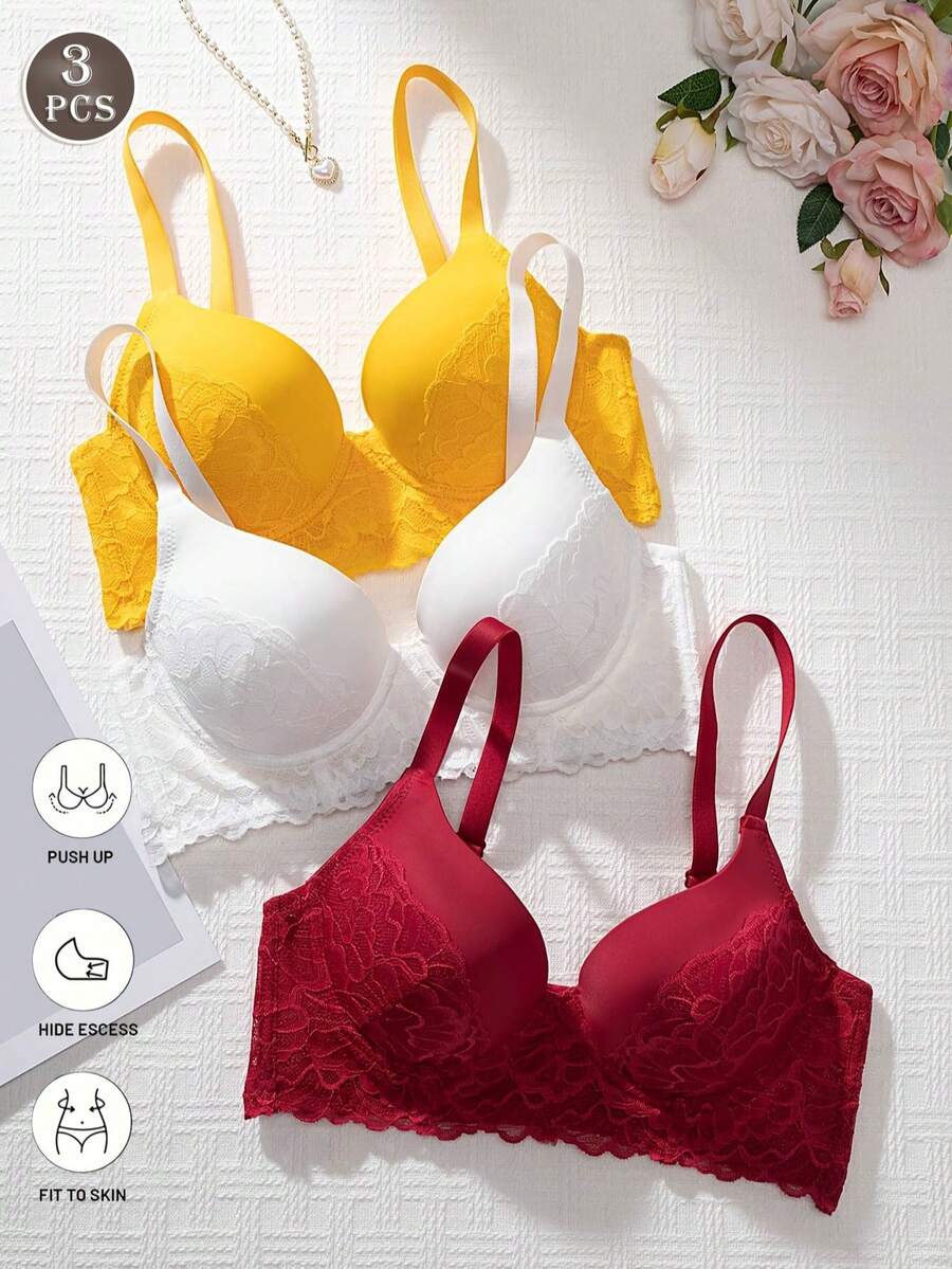 3pcs/Set Women's Full Coverage Elegant Floral Lace Underwire Push-Up Bra