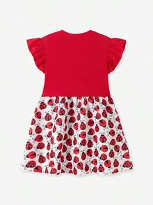 Little Girls Ruffle Sleeve Ladybug Print Tulle Princess Dress With Bow Knot For Party Holiday - Red - View 3