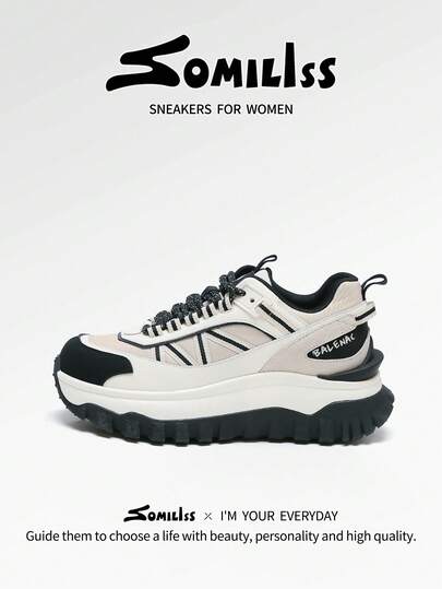 somiliss 1 par de zapatos deportivos casuales para mujer, con cordones delanteros, patchwork de cuero y tela, suaves y cómodos, zapatos para correr, moda con suela gruesa de 6 cm de aumento, zapatos para caminar al aire libre, color negro
