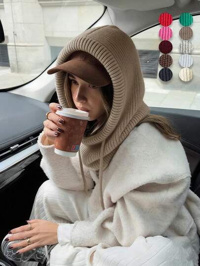 女士条纹针织连帽围巾，休闲舒适的羊毛帽，百搭街头时尚配饰