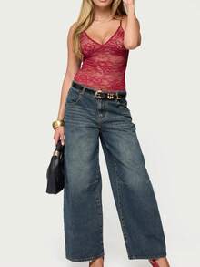 Women Lace Top Y2k Going Out  Mesh See Through Cami Tank Tops - Red - View 4