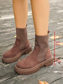 女士西部风格丝绒弹力短靴，圆头，平底，舒适，时尚 - 卡其色 - 查看 7