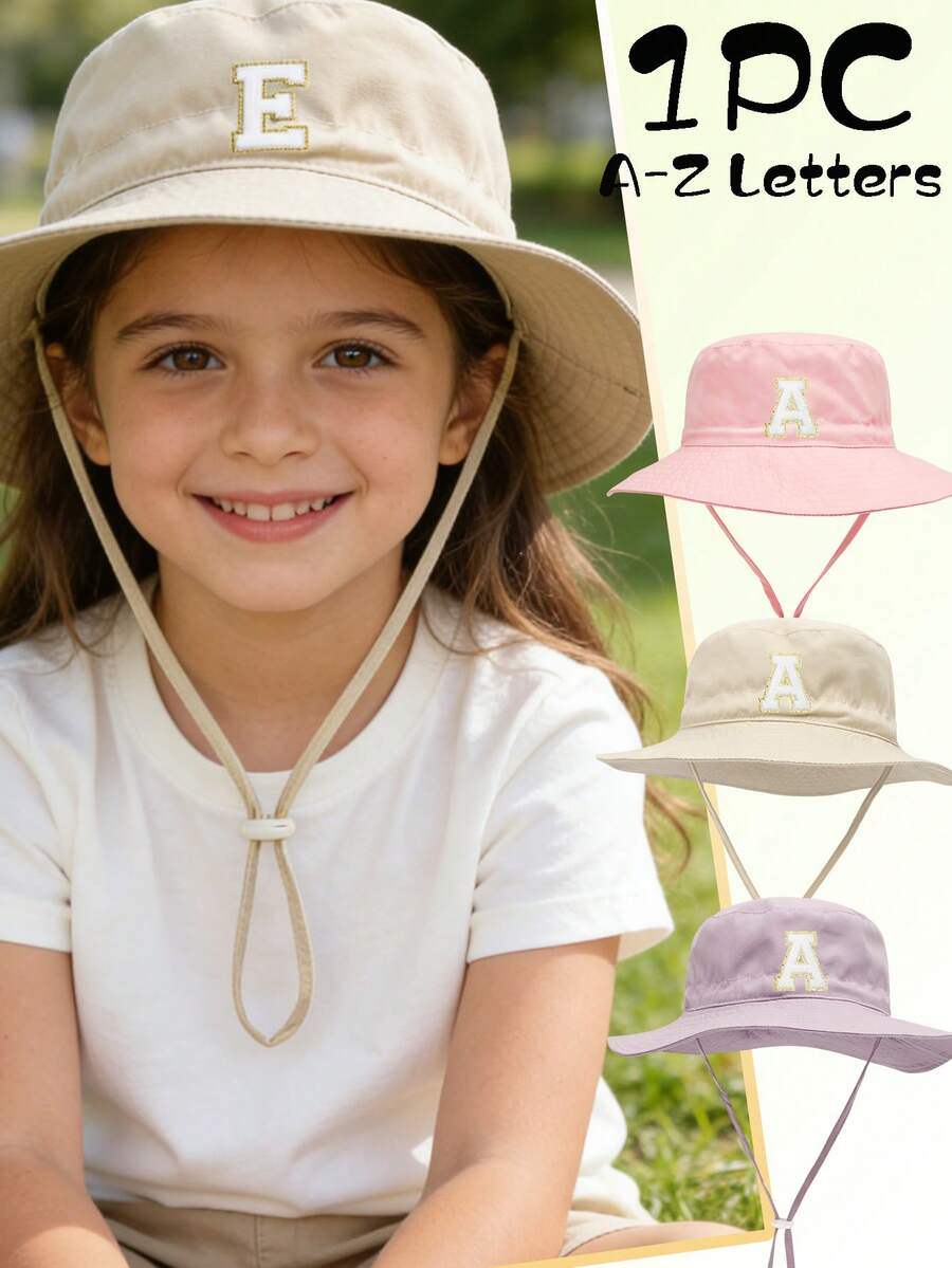 1 pieza Sombrero de cubo tricolor con cordón ajustable para niñas, incluye 26 piezas de pegatinas bordadas con letras autoadhesivas, sombrero de ala ancha de algodón transpirable para protección solar, decoración de letras DIY, adecuado para actividades al aire libre de primavera/verano - Beis - Ver 1