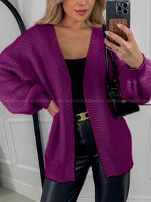 Women's Knitted Cardigan Coat Puff Sleeve Elegant Casual Fuchsia - 玫瑰紅 - 查看 1