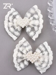 2个刺绣网纱蝴蝶结发夹鳄鱼夹爱心珍珠装饰精致蝴蝶结发夹女士日常发饰 - 彩色 - 查看 1