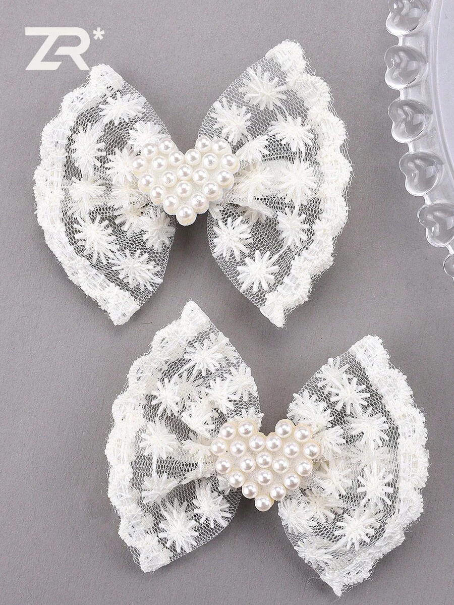 2个刺绣网纱蝴蝶结发夹鳄鱼夹爱心珍珠装饰精致蝴蝶结发夹女士日常发饰 - 彩色 - 查看 1