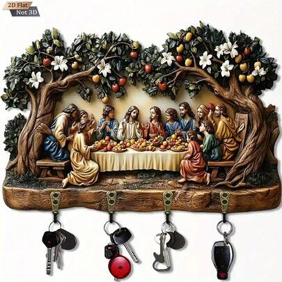 2D Flat, 1 Piece, The Last Supper Wooden Multifunctional Home Key Hook, With Four Hooks, Wall Decoration, Porch Decoration, Room Decoration, Villa Decoration, Four Seasons Home Decoration, Suitable For Use During 11 Festivals