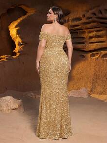 Faeriesty Plus Size Women's Glamorous Off-Shoulder Formal Evening Gown - Stunning Sequin Embellished Long Dress, Daring High Slit And Fitted Silhouette - Perfect For Gala Dinners, New Year Parties, VIP Galas, Red Carpet Premieres And Exclusive Anniversary Celebrations - Champagne - View 2
