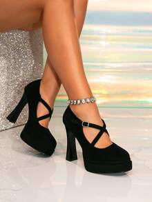 1双纯色通勤交叉厚底高跟鞋，户外四季通用高跟厚底时尚女鞋 - 黑色 - 查看 2