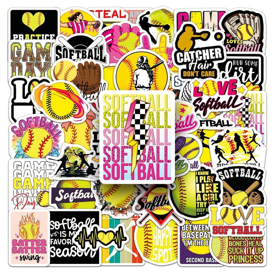 50pcs Soft Softball Stickers, Aesthetic Style Stickers, Fashionable Soft Softball Party Gifts, Sports Stickers, Waterproof Stickers Suitable For Water Bottles, Computers, Laptops, Phones, Luggage, Notebooks, Refrigerators
