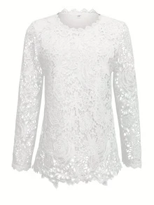 纯色薄纱蕾丝拼接圆领长袖上衣，适合日常穿着和春季度假。 - 白色 - 查看 3