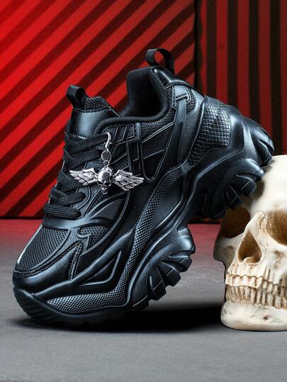 Giày thể thao nữ thời trang thường ngày, cỡ lớn, phù hợp mọi mùa, đế EVA nhẹ, cao 7cm, kiểu dáng chunky, có mặt dây chuyền hình đầu lâu, phong cách Gothic Punk Y2K.