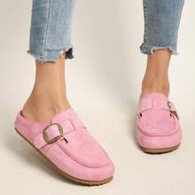 女士时尚平底一脚蹬鞋，春季新款搭扣复古穆勒鞋 - 粉色 - 查看 4