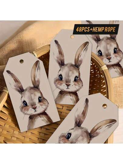 Set Of 48 Watercolor Bunny Face Tags Featuring A Gentle And Charming Design, Gift Wrapping Easter Party Decorations, Perfect For Wrapping, Bookmarks, And Keepsakes, Ideal For Animal Enthusiasts And Admirers Of Fine Art, Bunny-Themed Accessories.