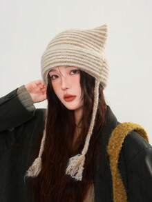 1PC Cute And Striped Knit Beanie With Cat Ears - Perfect For Autumn And Winter. - Multicolor - View 2