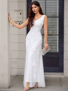 MIUSOL Đầm maxi dạ hội cổ tim, phối màu tương phản, đính sequin và ren lưới, dáng đuôi cá, thích hợp cho đám cưới, màu trắng, mùa xuân. - trắng - Xem 4