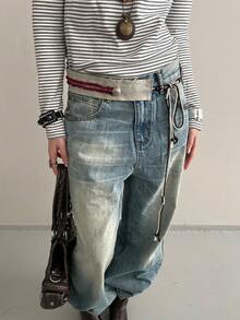 1条米色PU材质女士个性化铆钉绳结腰带 - 米色 - 查看 3