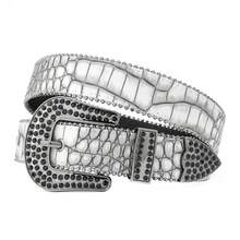 1pc PU Crocodile Texture Printed, Silver Metal Buckle Rhinestone Embellished, Gray Printed Rhinestone Fashionable Versatile Belt - Multicolor - View 6