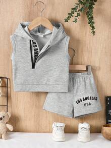 Summer Baby Boy Casual Outfit, Includes Hooded Sleeveless Half-Zip Vest And Matching Shorts With Letter Print, Loose Fit, Soft And Comfortable, 2pcs Set - Grey - View 2