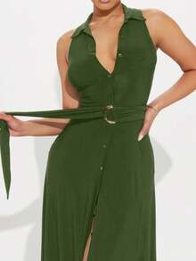 Women's Collared Button-Front Maxi| Deep-V Sleeveless High-Slit| Spring/Summer Cocktail Essential| Ruched-Waist Chiffon Flow| Wedding-Guest To Vacation Statement Dress - 軍綠色 - 查看 5