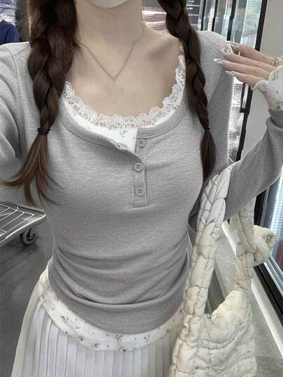 秋季韩版蕾丝花卉撞色纽扣修身长袖T恤打底衫