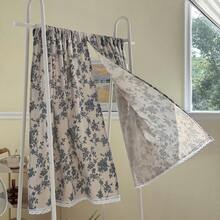 1 件蓝色玫瑰花朵短窗帘，复古印花，白色蕾丝边，适合乡村风格的窗户、厨房、咖啡厅、复古房间装饰、摄影、家居装饰