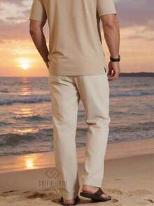 Men's Baggy Pants, Loose Fit, Casual Streetwear, Balloon Pants, Tailored Linen, Everyday Wear, Adjustable Drawstring - Cát - Xem 2