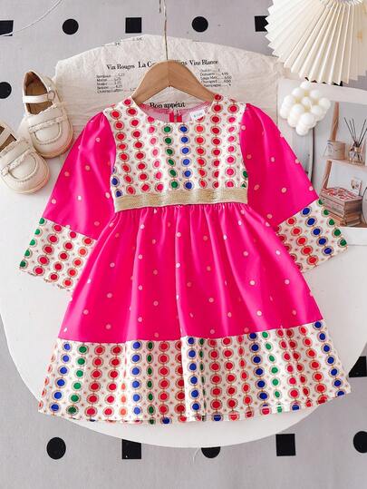Baby Girls' Round Neck Long Sleeve Polka Dot Patchwork Dress, Featuring Colorful Dotted Fabric With Design, Vibrant Colors And Exquisite Pattern, Showcasing Childlike Charm And Sophistication