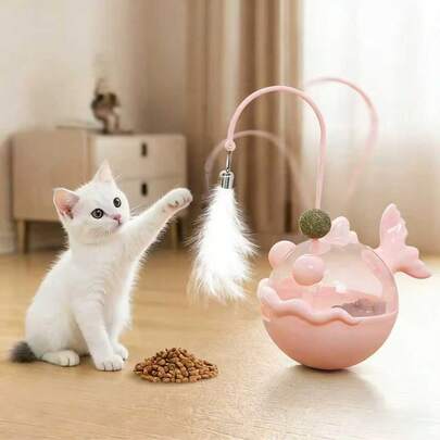 Cat Entertainment Device: An Interactive Cat Wand With A Treat Dispenser, Featuring A 360° Rotating Design To Bring Endless Fun - Simulating Feathers And Bells To Captivate Cats And Make The Interaction Enjoyable.