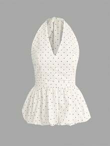 女士波点吊带系带休闲优雅百搭V领修身露背蝴蝶结下摆短款背心，春夏款，女士夏季穿搭，夏季上衣，女士沙滩装，女士外套，度假，海边，荷叶边，波点 - 黑與白 - 查看 5