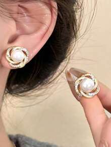 1对时尚简约珍珠耳钉，甜美优雅，饰有水晶 - 彩色 - 查看 2