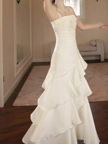 Elegant Summer Apricot Dress For Women Valentine's Day Sexy Satin Prom Dress, Wedding Guest Party Evening Gowns, Ruched Ruffle Vacation Outfits Beach Holiday Vacation - Apricot - View 11