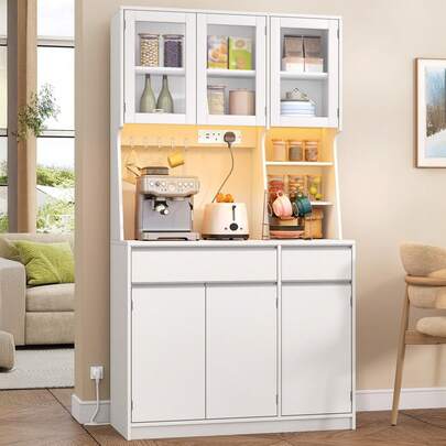 Hzuaneri Kitchen Cabinet, Freestanding Pantry Cupboard With LED & Power Outlet, Tall Kitchen Cupboard With Countertop And 2 Drawers, Adjustable Shelves, For Dining Room, Living Room