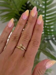 瞬间提升你的美甲造型！24套杏仁形春夏甜美梦幻粉色渐变美甲贴纸，完美贴合亚克力假指甲，一套美甲用品，适合女性和女孩在夏季日常、工作、学习和派对美甲时使用。杏仁形假指甲 - 彩色 - 查看 9