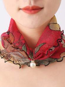 1pc Faux Pearl Pendant Scarf Necklace, Lace Collar Chiffon False Collar - Black and White - View 13