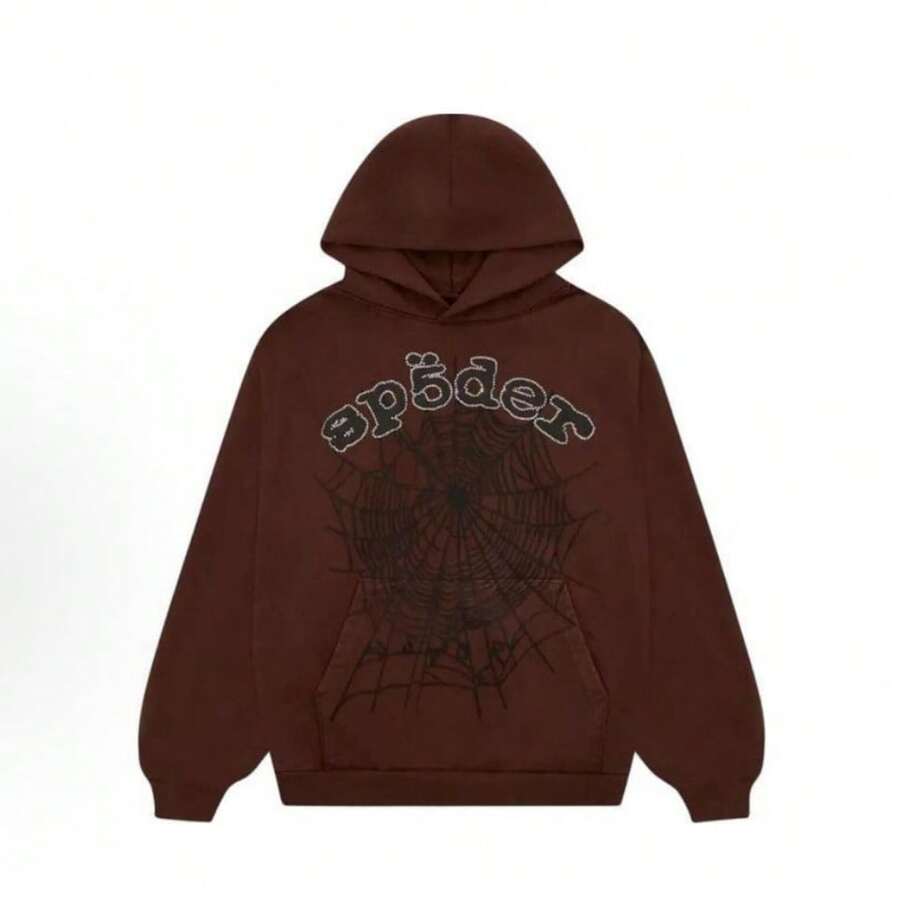 SP5DER Hoodie Spider Print Streetwear Unisex Oversized ,Sweatshirt For Men Women - 棕色 - 查看 1