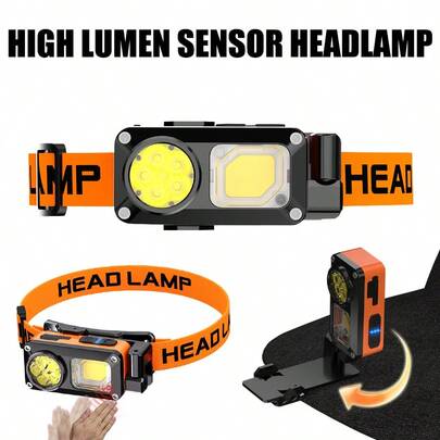 1 قطعة مصباح رأس قوي قابل للشحن بمستشعر مع قابلية ضبط الزاوية للصيد، مصباح رأس LED للتخييم، مصابيح الرأس للصيد، فانوس