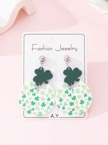 一对圣帕特里克节三叶草印花珐琅仿陶瓷质感时尚耳环，节日派对完美礼物