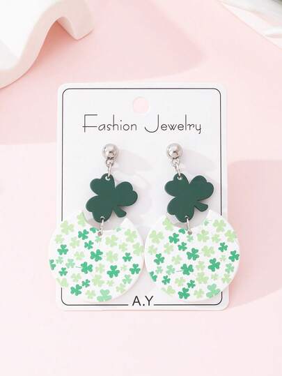 一对圣帕特里克节三叶草印花珐琅仿陶瓷质感时尚耳环，节日派对完美礼物