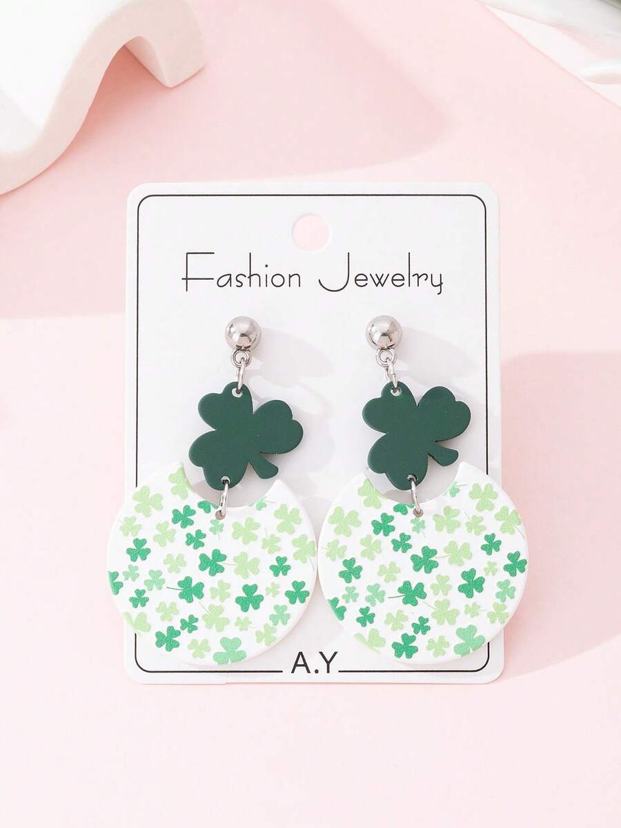 一对圣帕特里克节三叶草印花珐琅仿陶瓷质感时尚耳环，节日派对完美礼物