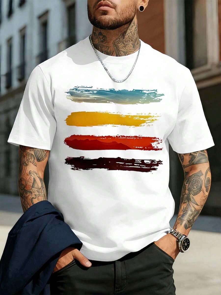 Camiseta con estampado abstracto de rayas de colores, 100 % algodón, corte holgado, ajuste cómodo, estilo hip-hop callejero, diseño gráfico. - Blanco - Ver 1
