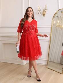 JINLICX 奢华亮片蕾丝红色上衣，适合节日、婚礼、派对、春夏等正式场合穿着 - 紅色 - 查看 3