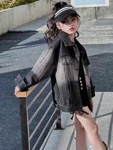 Tween Girl Dropped Shoulder Long Sleeve Single-Breasted Casual Loose Denim Jacket, Autumn