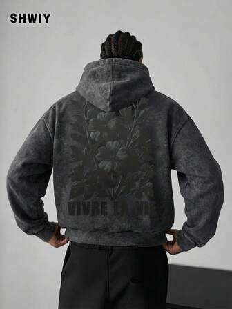 Sudadera con capucha negra lavada informal de hombre para el otoño, con bolsillos, estampado floral, minimalista y de moda, de manga larga, adecuada para uso diario y ropa urbana