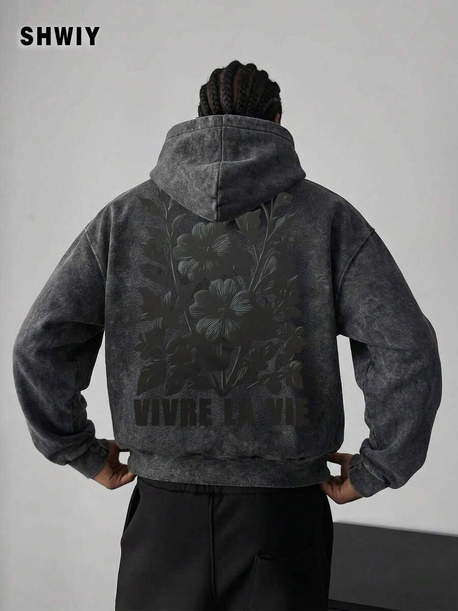 Shwiy Men's Casual Washed Black Hoodie With Pockets, Floral Print Pattern, Minimalist & Fashionable Long Sleeve Pullover Suitable For Daily Wear & Street Style - Black - View 1