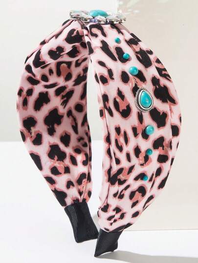 1件豹纹印花波西米亚风宽发带，复古豹纹和绿松石装饰，百搭沙滩度假配饰